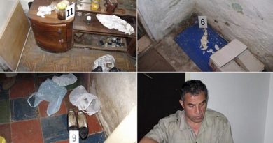 Combo photo of police handouts shows markers indicating evidence gathered from summer house of Macedonian journalist Taneski in Kicevo